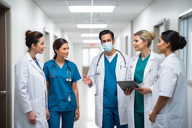 Group of medical staff discussing in clinic hallway Healthcare professionals having discussion in hospital corridor