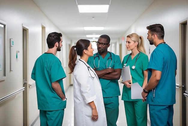 Group of medical staff discussing in clinic hallway Healthcare professionals having discussion in hospital corridor