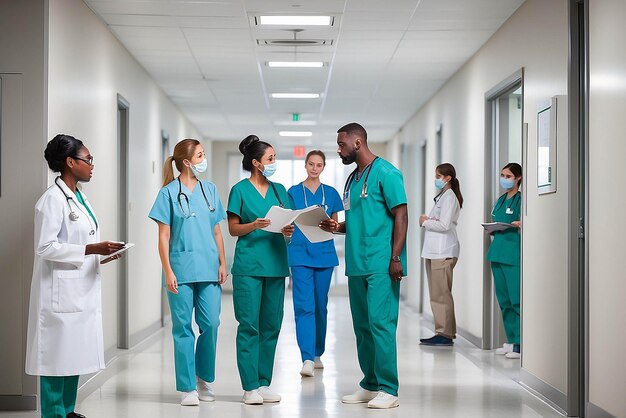 Foto gruppo di personale medico che discute nel corridoio della clinica professionisti sanitari che discutono nel corridore dell'ospedale