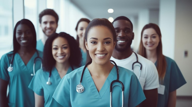 Group of medical student nurses in training at college diverse doctor colleagues