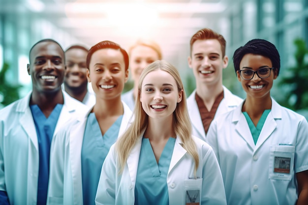 A group of medical students stand in a hospital hallway.