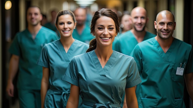 a group of medical workers wearing green uniforms