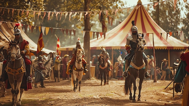 Photo a group of medieval knights on horseback jousting at a tournament they are wearing armor and carrying lances