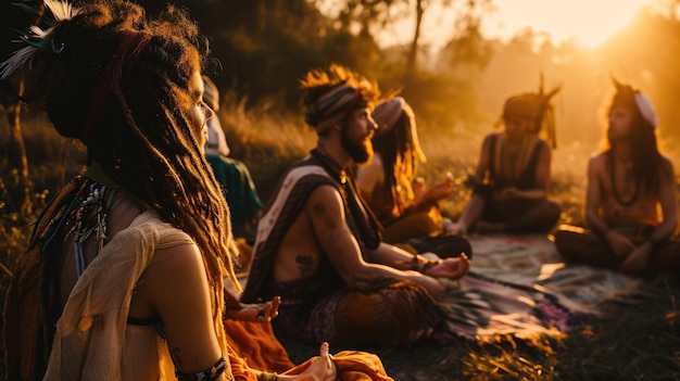 Foto una sessione di meditazione di gruppo in mezzo a un rave individui adornati in abbigliamento hippie e acconciatura rasta