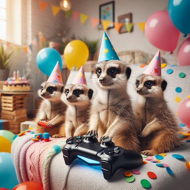 Группа сурикатов сидит на диване с воздушными шарами и коробкой торта на день рождения.
