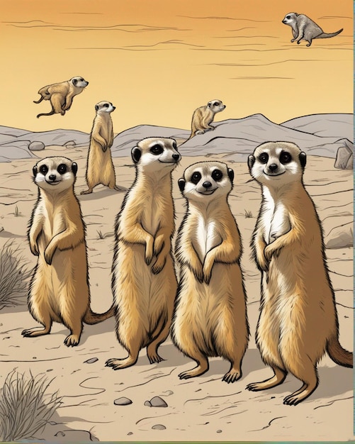 A group of meerkats are standing together.