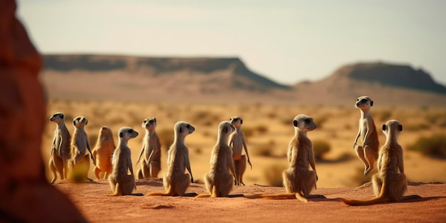 Group of meerkats standing on their hind legs with a desert landscape and distant mountains in the background Generative AI