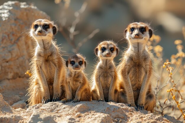 Foto un gruppo di suricati che guardano a turno le aquile mentre altri nutrono un vitale sistema di sentinelle