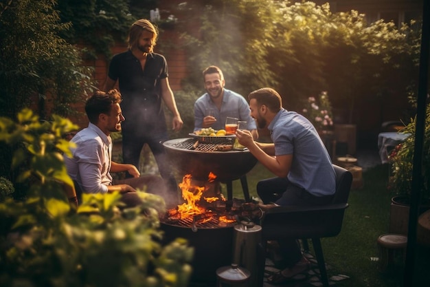 Группа мужчин собралась вокруг огня, чтобы пообедать.