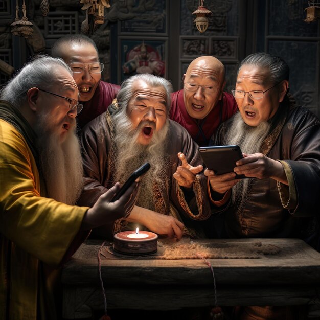 a group of men are looking at a tablet and the man is holding a cell phone