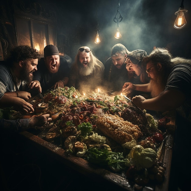 Группа мужчин играет в игру с едой с свечой посередине.