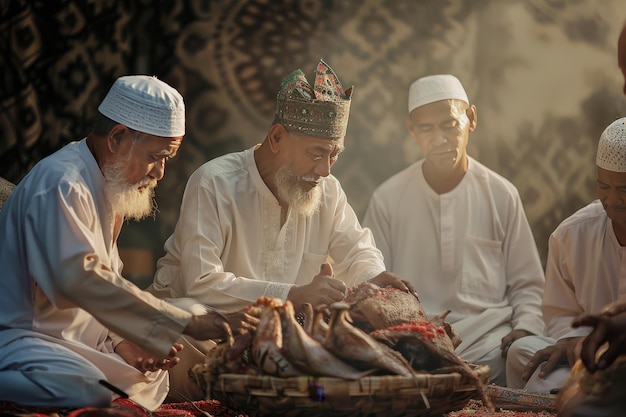 A group of men are sitting around a table with a fish in the middle