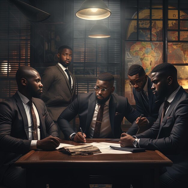 Photo a group of men are sitting around a table with a map on it