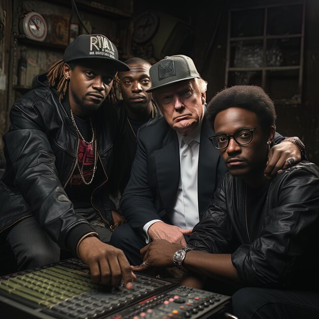 Photo a group of men are sitting in front of a keyboard and one has a hat on it