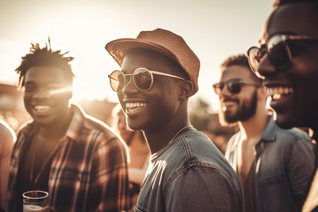 A group of men are standing in a field, wearing sunglasses and a hat.