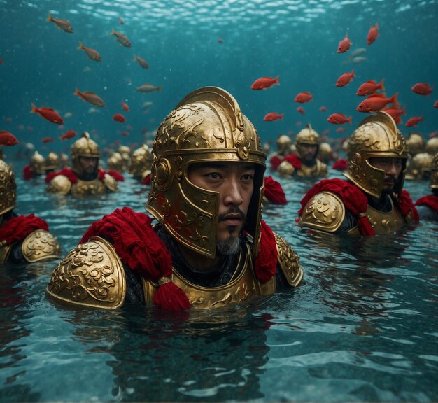 a group of men are swimming in the water with gold armor