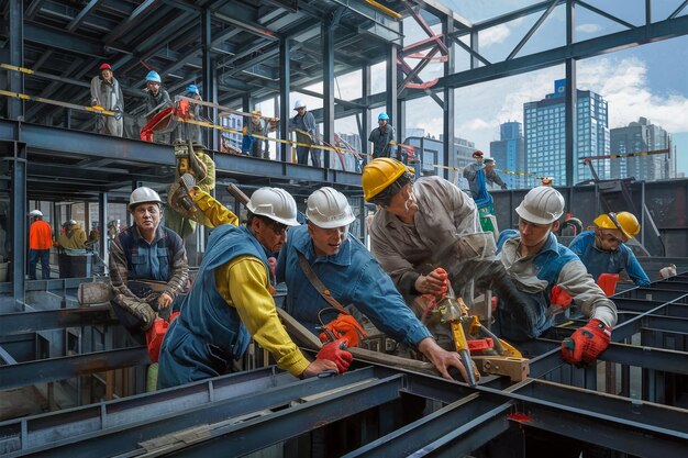 a group of men are working on a metal structure