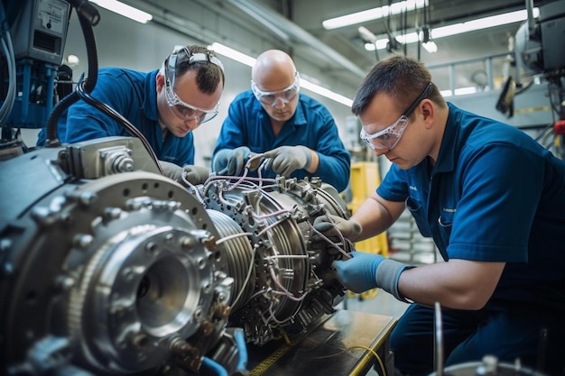 A group of men are working on a plane that has the word " on it.