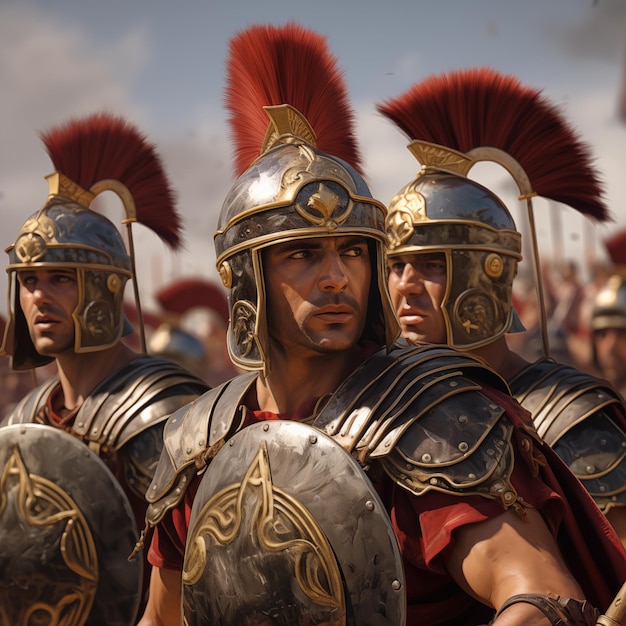 a group of men in armor with a red and gold hat