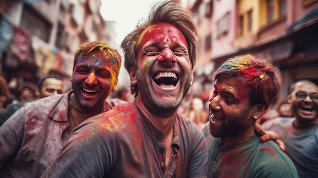 Group of Men Covered in Colored Paint Holi