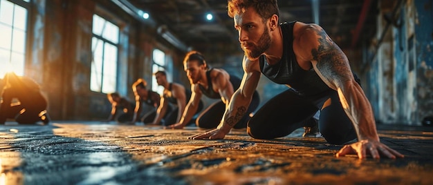 Photo a group of men doing push ups in a gym