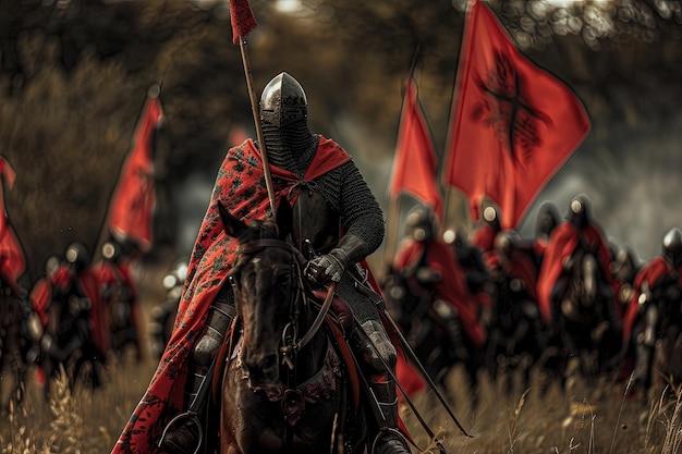 A group of men dressed in medieval armor riding horses