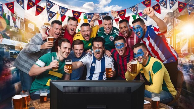 Group of men drinking beer and watching soccer on tv