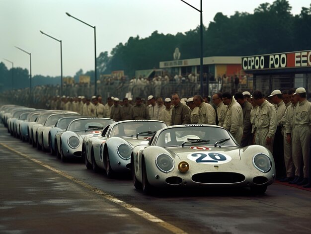 a group of men in front of a white race car