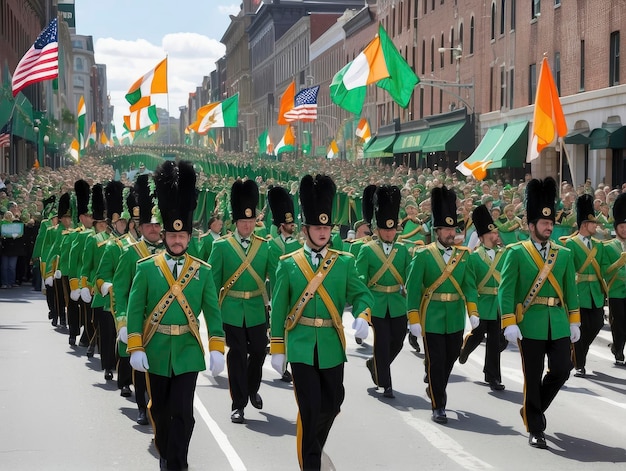 a group of men in green uniforms marching down a street with flags