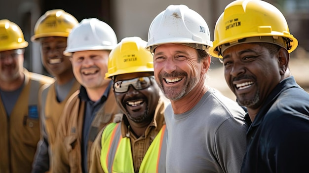 Photo a group of men in hard hats smiling in the style of authentic depictions