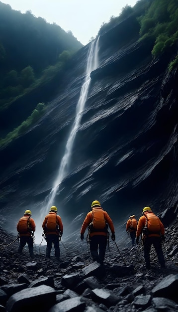 Photo a group of men hiking up a mountain with a waterfall in the background