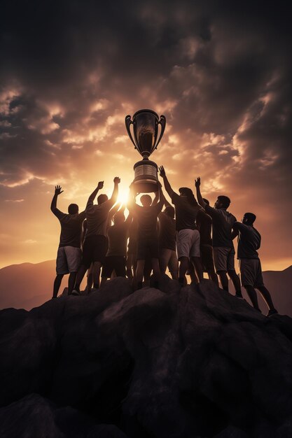 Foto gruppo di uomini con il trofeo in mano