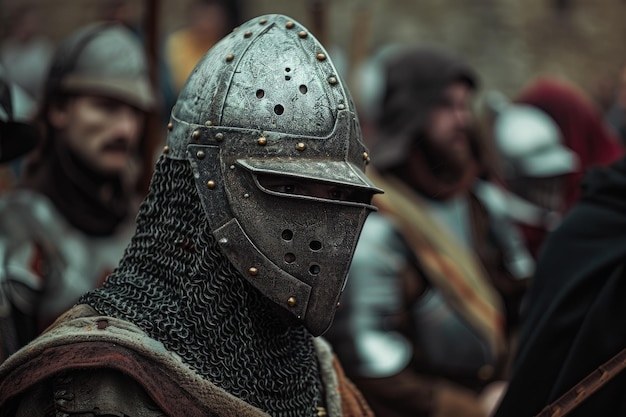 Группа мужчин в средневековых доспехах, стоящих рядом друг с другом.