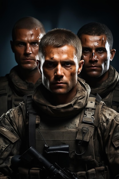 Group of men in military uniforms with blood on their faces Generative AI
