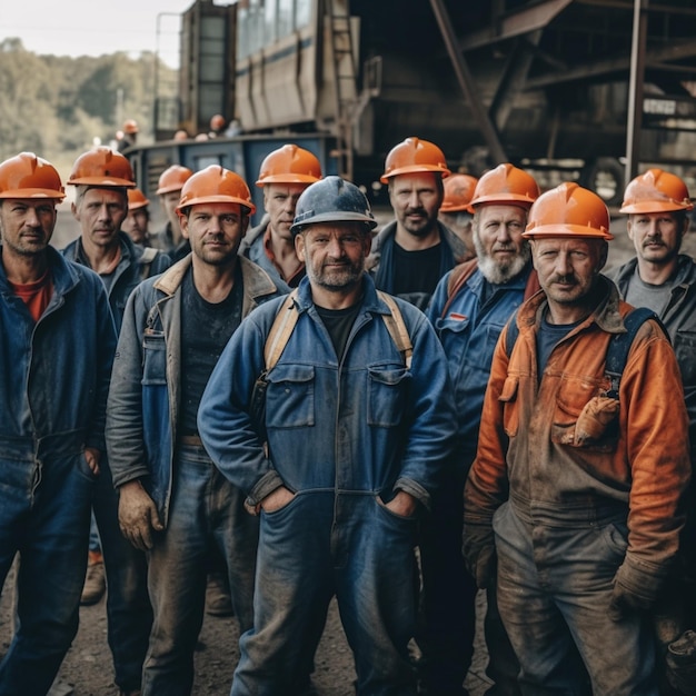 A group of men in orange hard hats stand in front of a train engine.