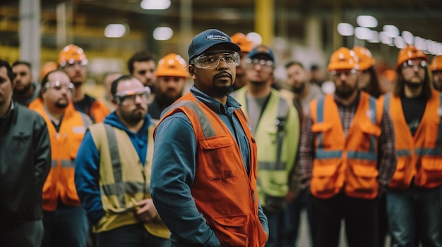 A group of men in orange vests stand in front of a large group of people.