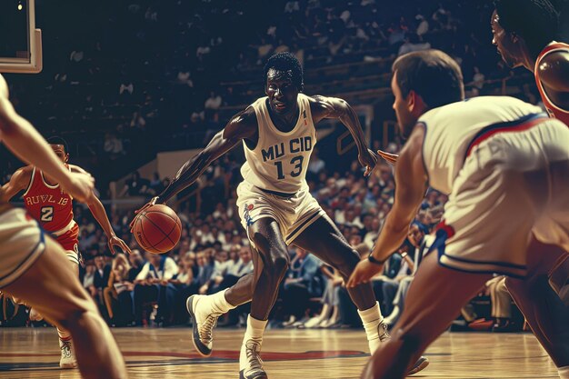 A group of men playing a game of basketball