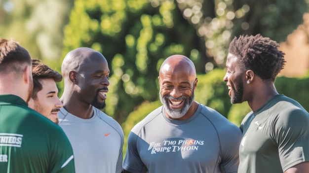 Group of men playing sports bonding outdoors during a training break