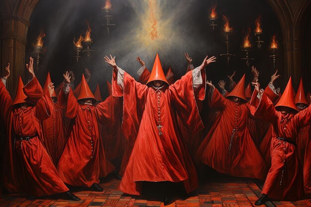 Photo a group of men in red robes are dancing in a stage