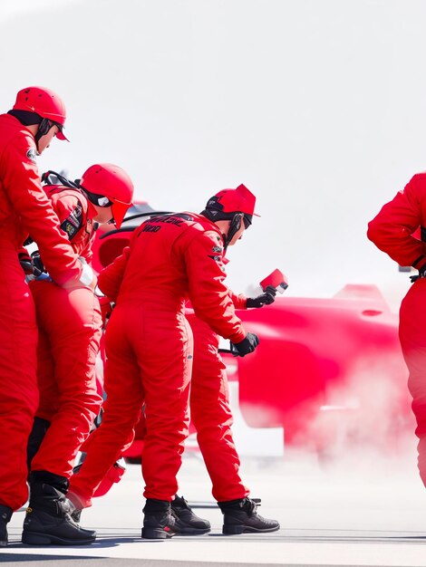 Foto un gruppo di uomini vestiti di rosso sta in fila, uno di loro indossa un casco rosso.