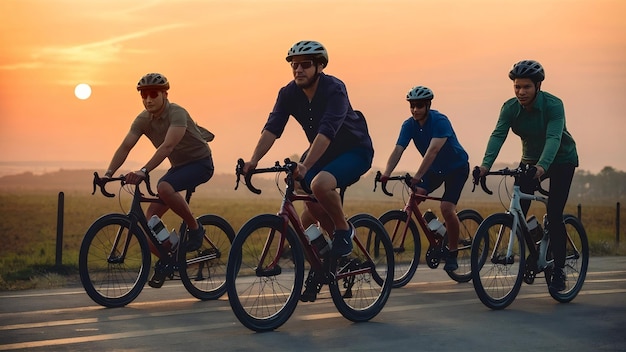 夕暮れに自転車に乗る男性のグループ