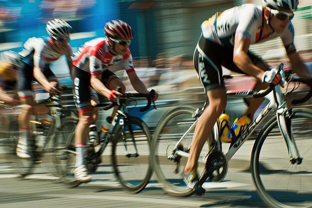 A group of men riding bikes down a street