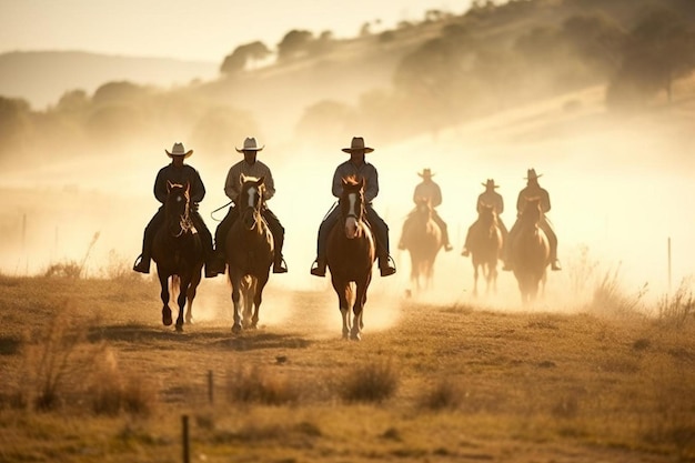 a group of men riding horses in a field with the sun behind them