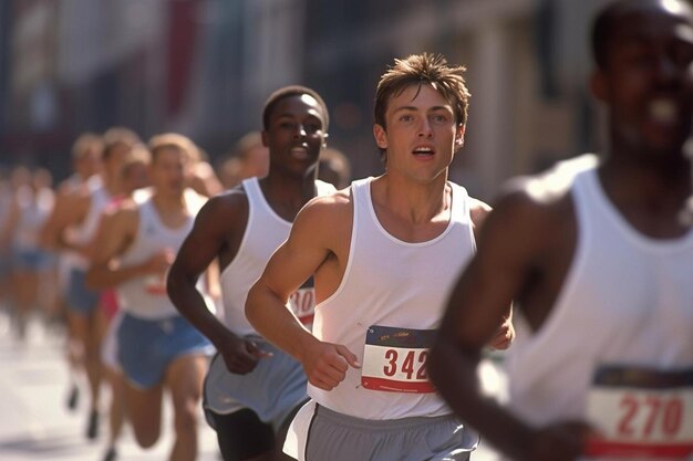 a group of men running down a street