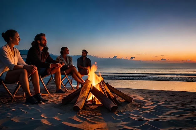 A group of men sit around a campfire on the beach.