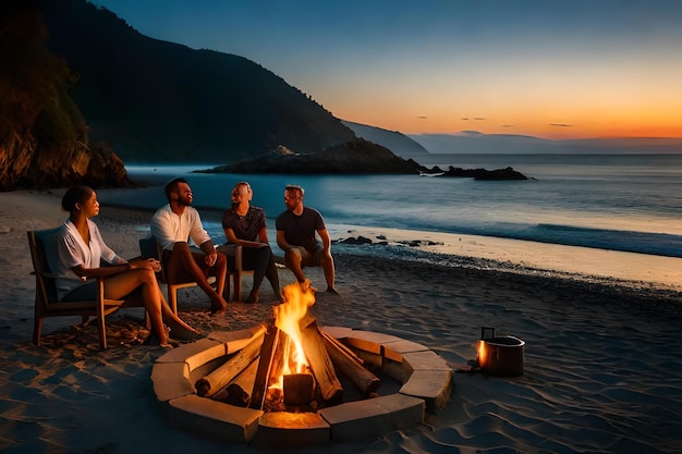 A group of men sit around a fire on a beach at sunset.