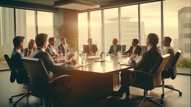 A group of men sit around a table in a boardroom, with the word'business'on the table.