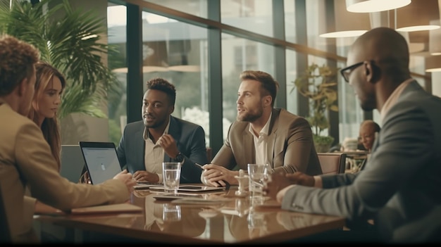 Photo a group of men sit around a table and talk.