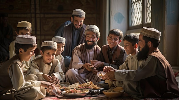 a group of men sit around a table with food and drinks.