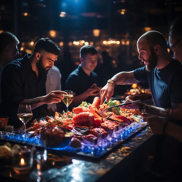 группа мужчин сидит за столом с едой и напитками